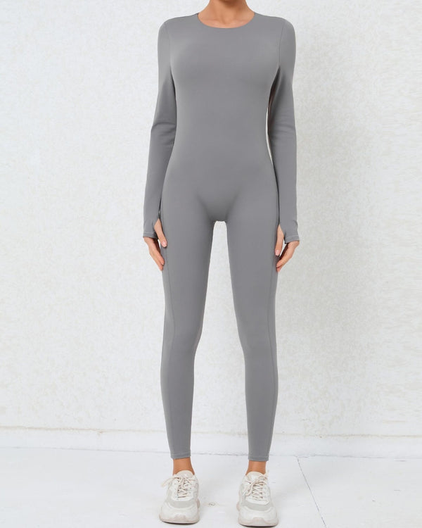 ENTERIZO DEPORTIVO LARGO MANGA LARGA CON ESCOTE EN LA ESPALDA GRIS