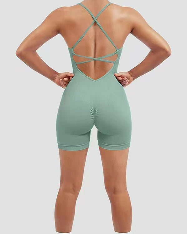 ENTERIZO DEPORTIVO CORTO SEAMLESS ESPALDA CON TIRAS VERDE