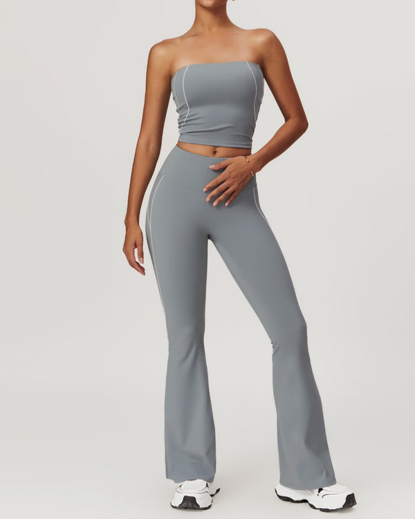 SET DEPORTIVO TOP STRAPLE Y PANTALÓN BOTA ANCHA GRIS (2 PIEZAS)